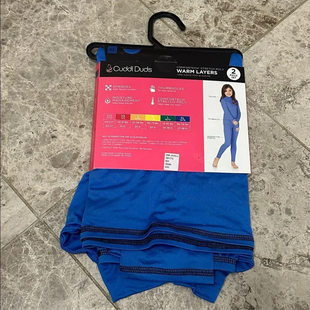 Cuddl Duds Warm Layers 2pc Mock Neck Leggings NEW Comfort Stretch Blue XL 14/16